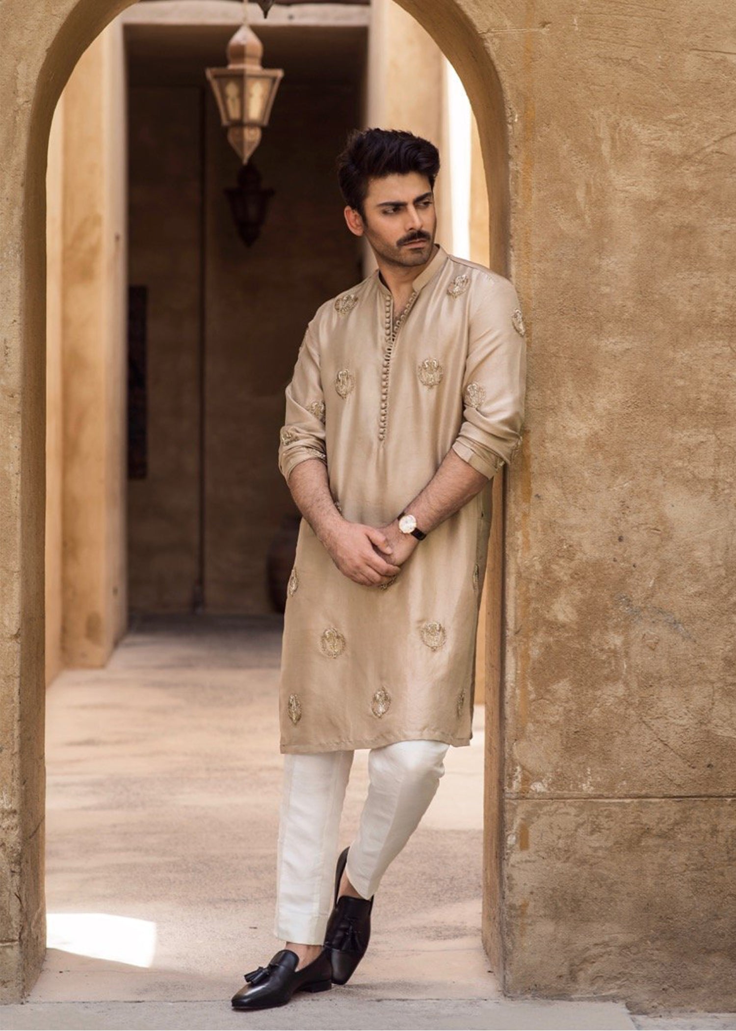 Beige Hand-Embellished Korean Rawsilk Kurta (2-Piece) - Image 1