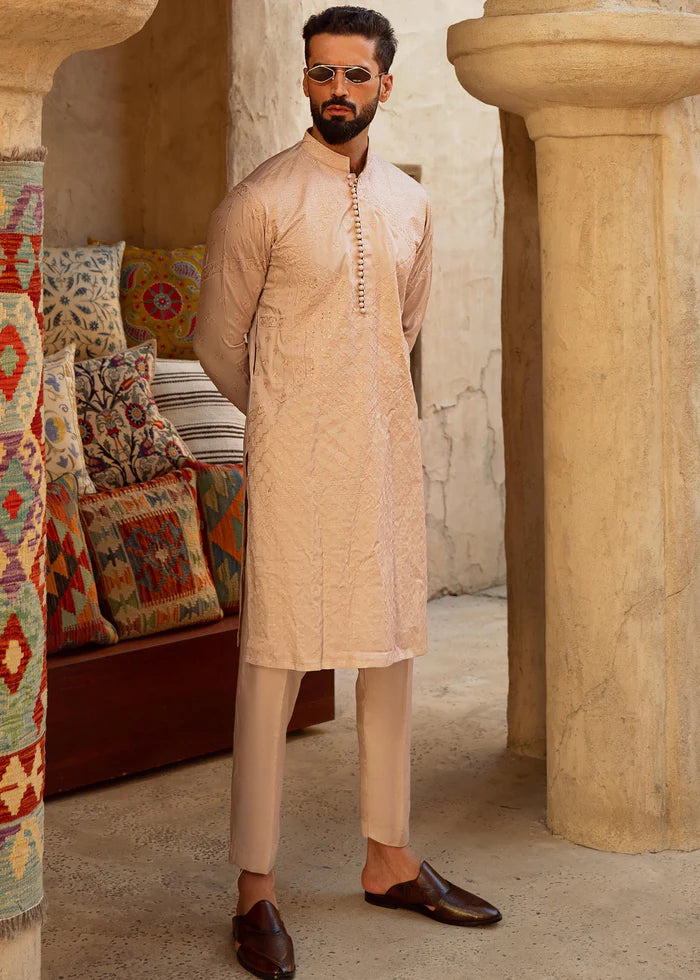 Beige Embroidered Cotton Kurta Pajama (2-Piece) - Image 1
