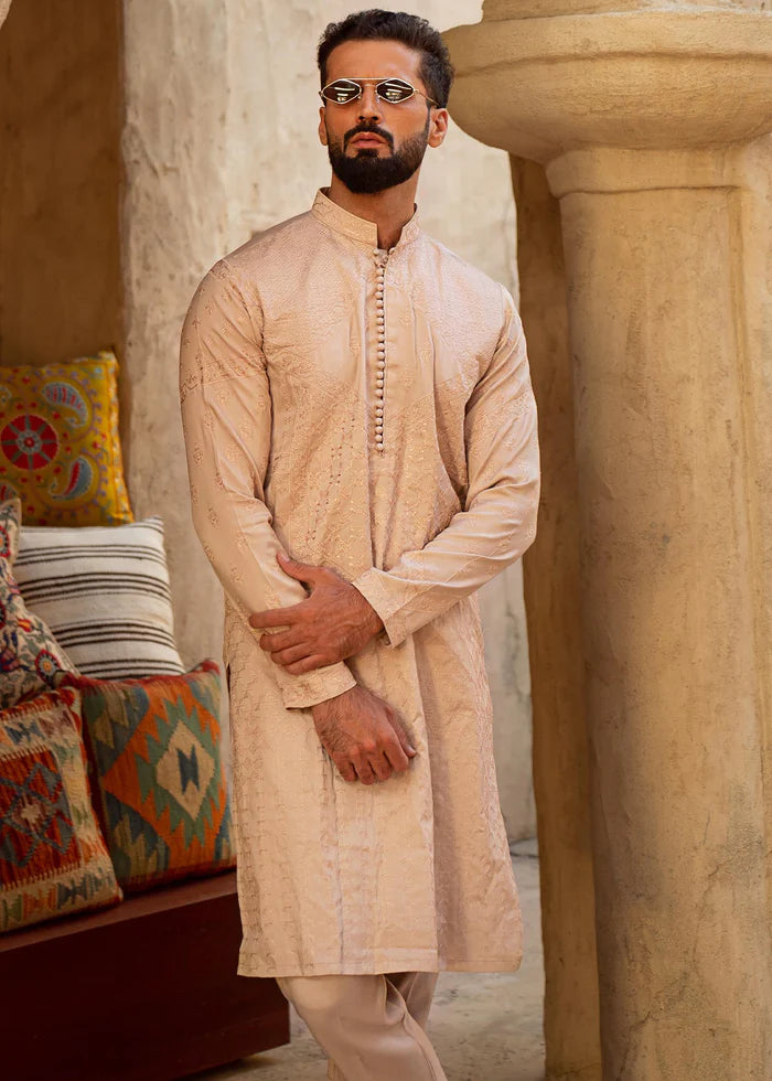 Beige Embroidered Cotton Kurta Pajama (2-Piece) - Image 2