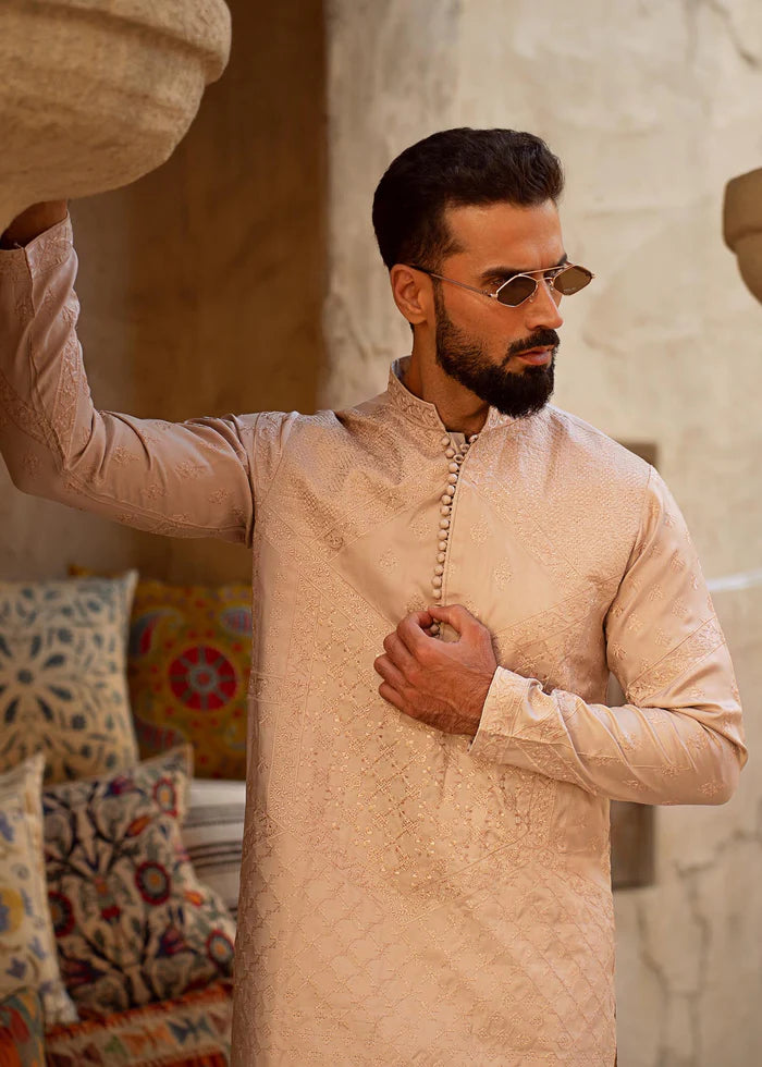 Beige Embroidered Cotton Kurta Pajama (2-Piece) - Image 3