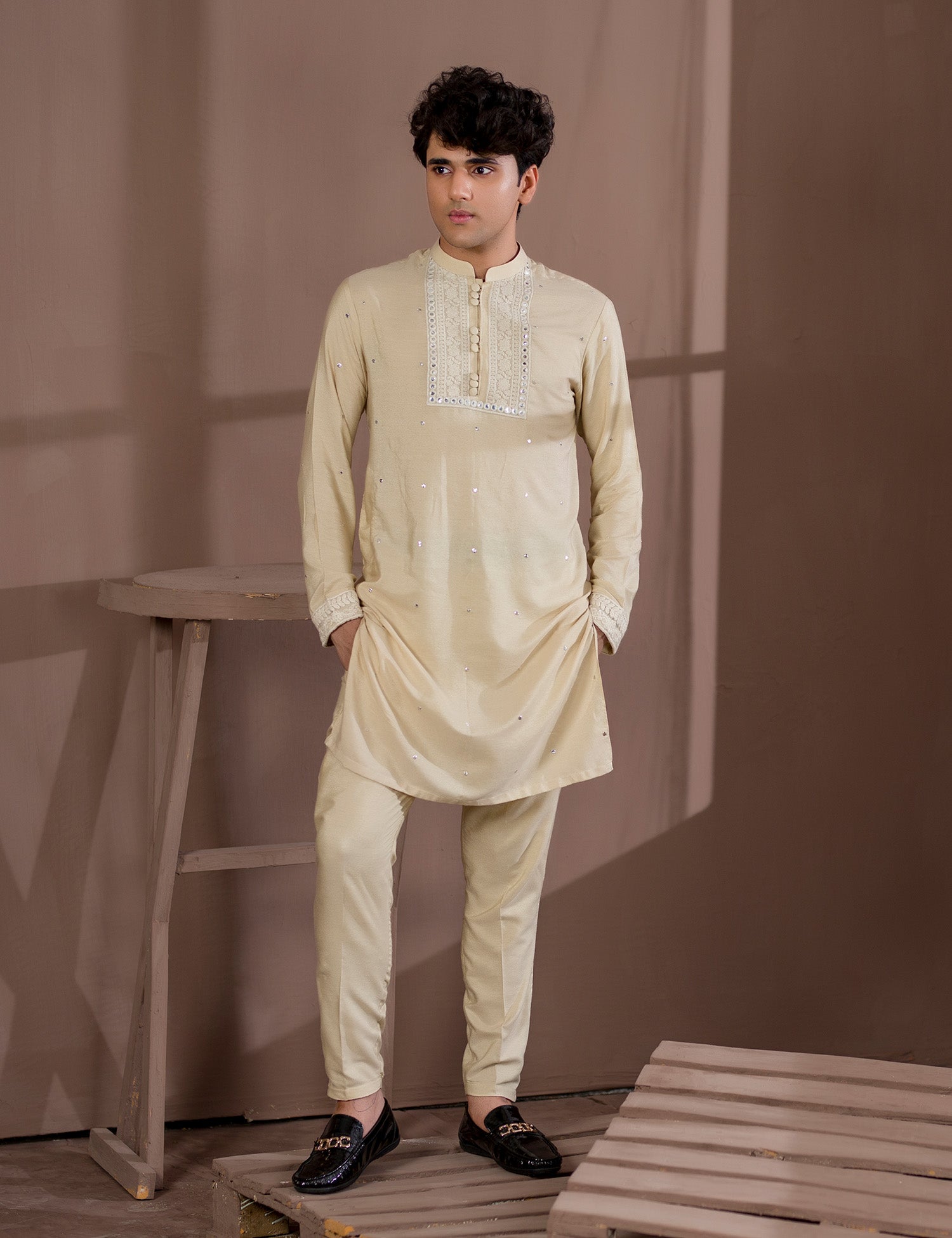 Beige Embroidered Cotton Net Kurta Pajama (2-Piece) - Image 1