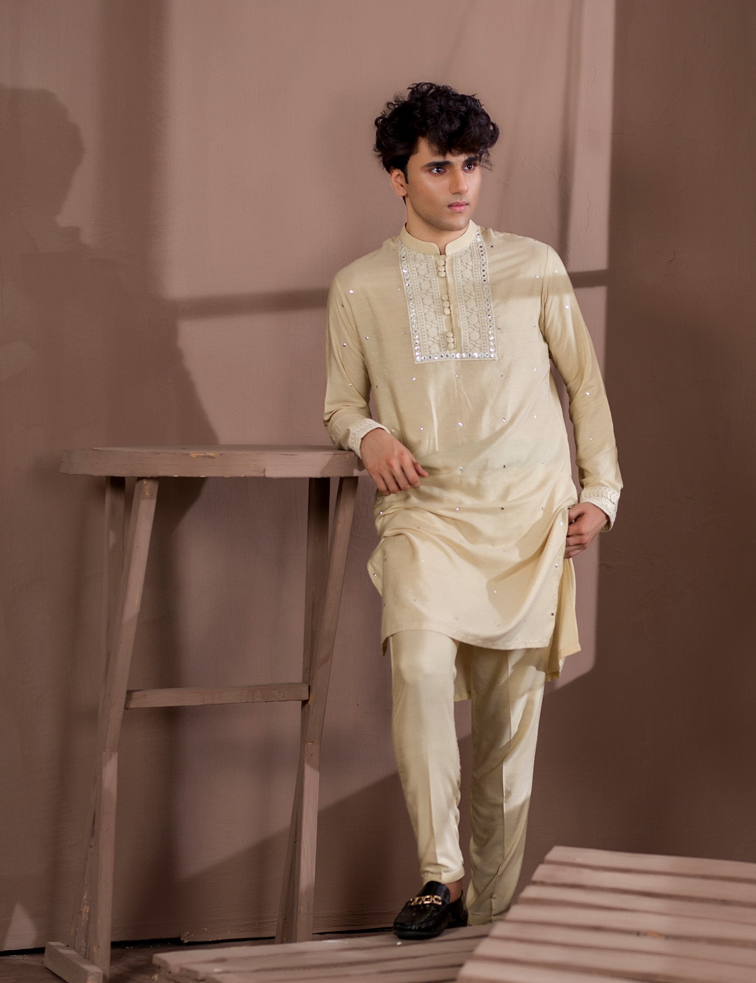 Beige Embroidered Cotton Net Kurta Pajama (2-Piece) - Image 2
