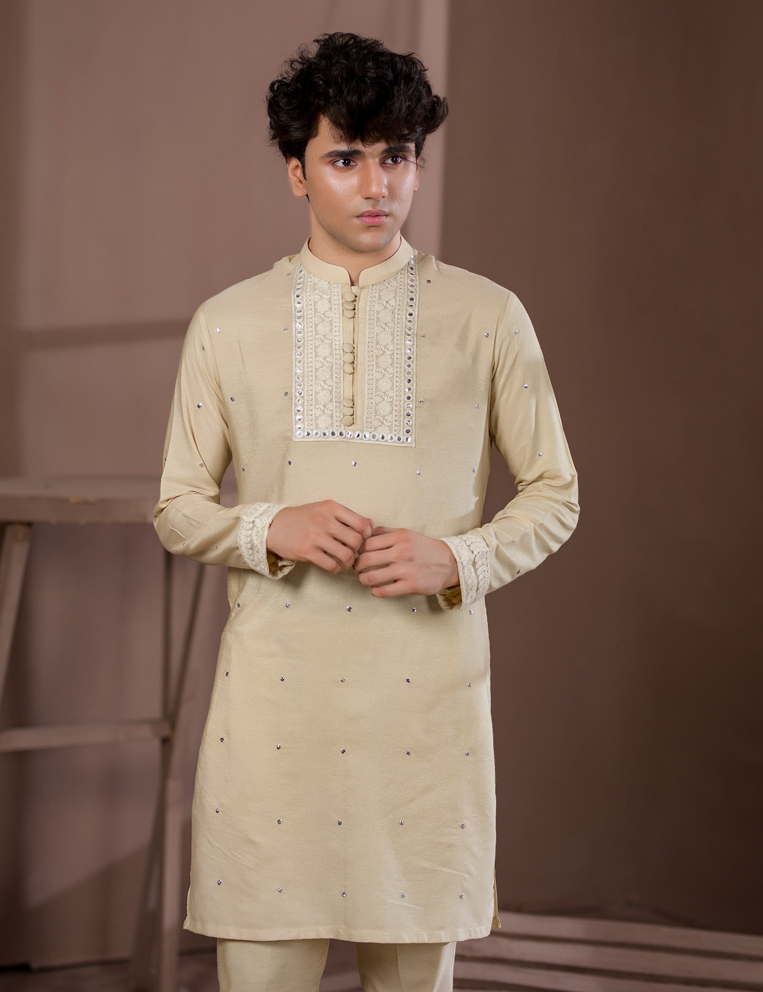 Beige Embroidered Cotton Net Kurta Pajama (2-Piece) - Image 3