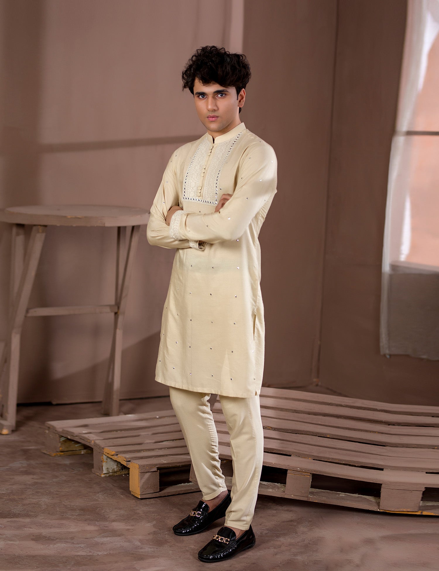 Beige Embroidered Cotton Net Kurta Pajama (2-Piece) - Image 4