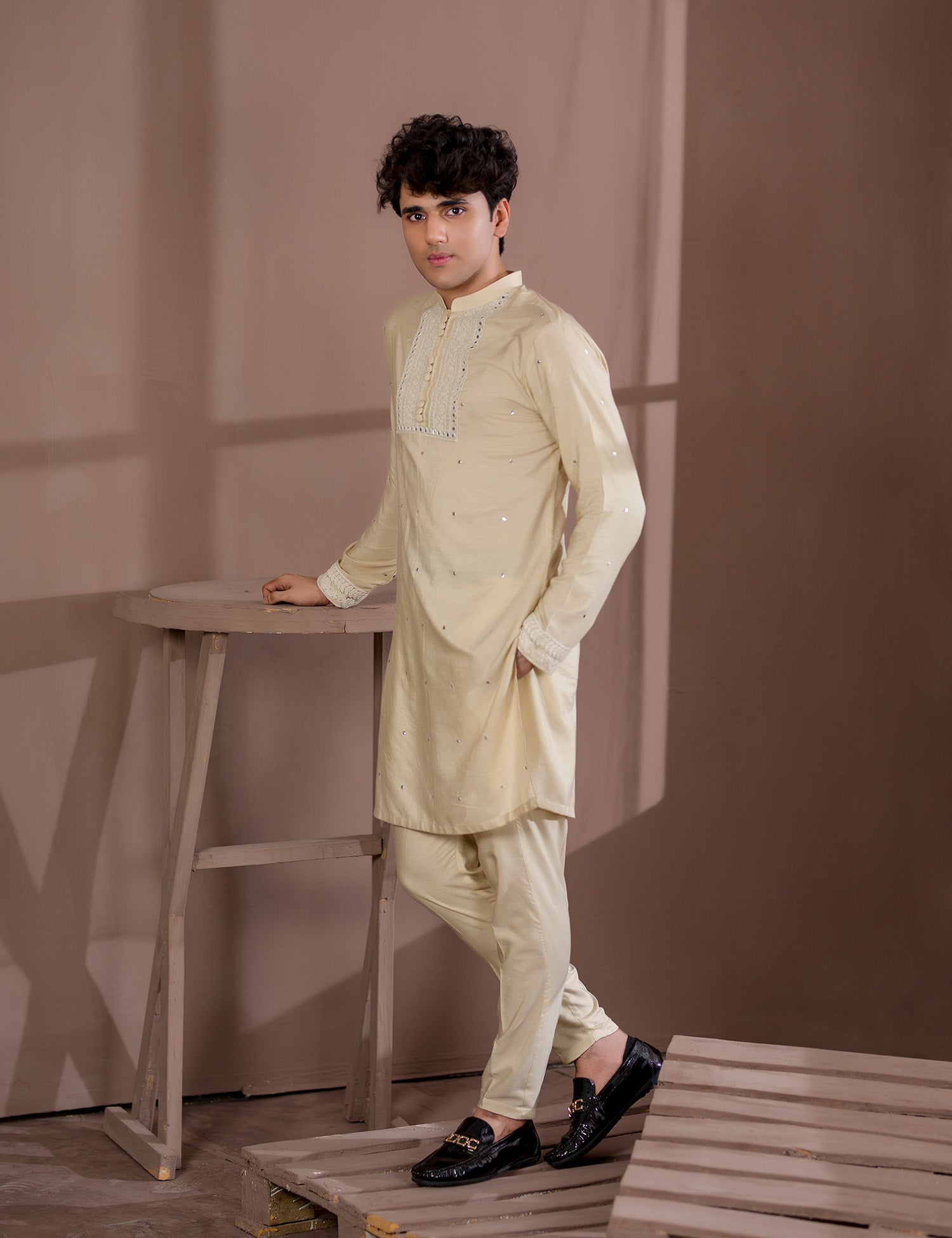 Beige Embroidered Cotton Net Kurta Pajama (2-Piece) - Image 5