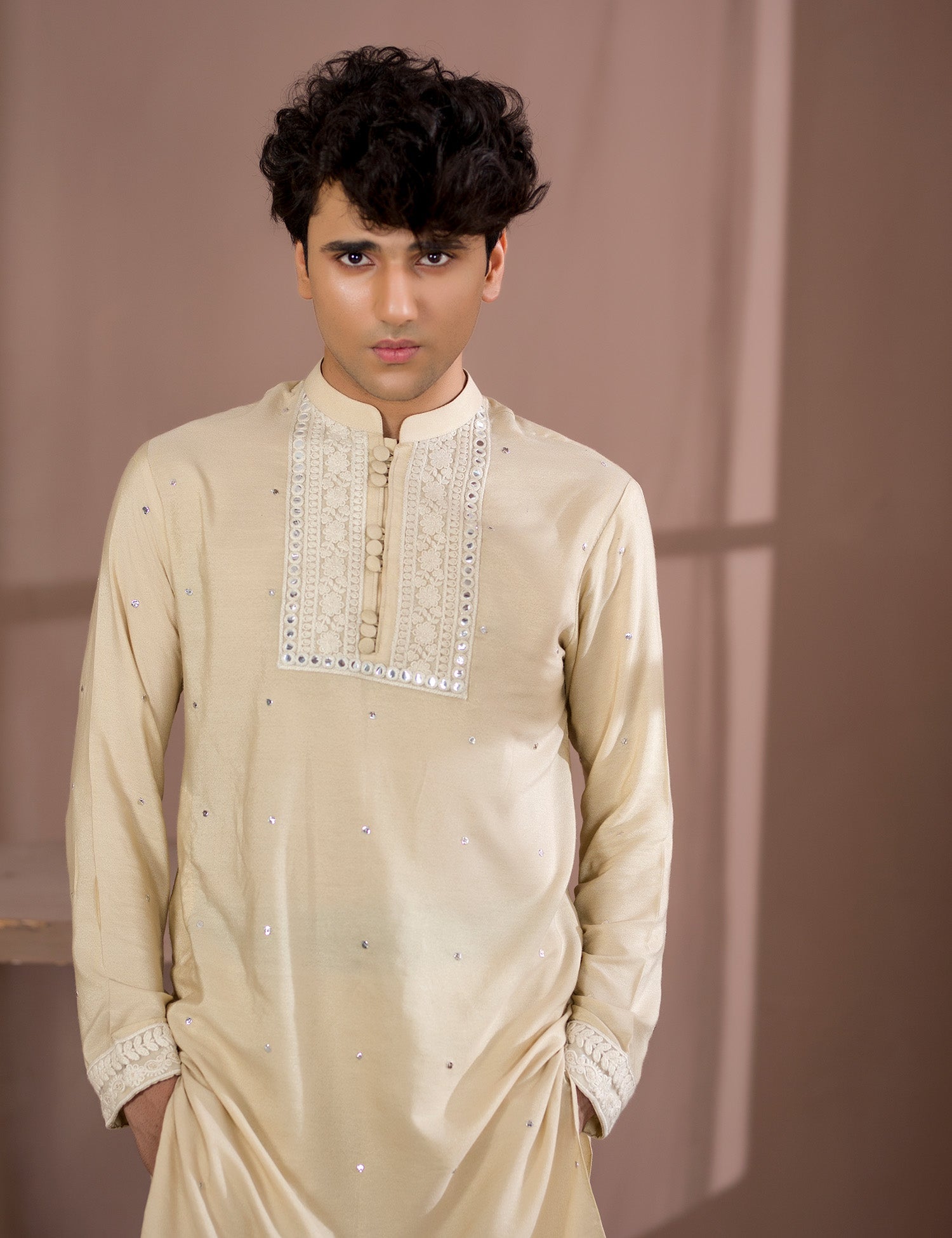 Beige Embroidered Cotton Net Kurta Pajama (2-Piece) - Image 6