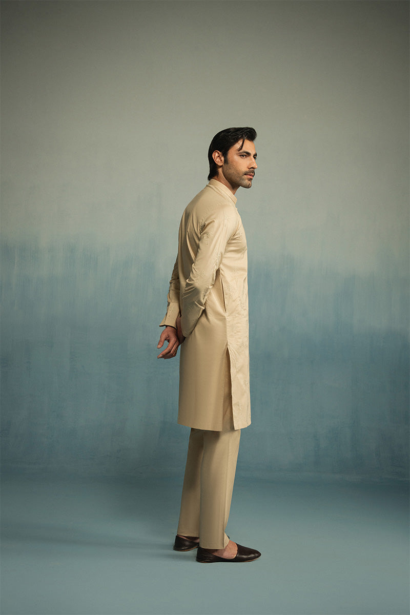 Sand Brown Embroidered Cotton-Silk Kurta Pajama (2-Piece) - Image 11