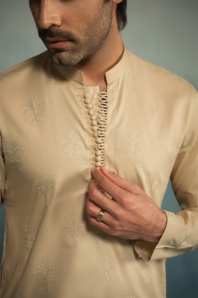 Sand Brown Embroidered Cotton-Silk Kurta Pajama (2-Piece) - Image 12