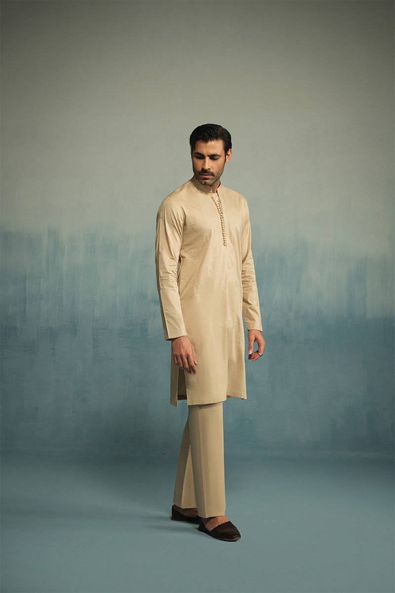 Sand Brown Embroidered Cotton-Silk Kurta Pajama (2-Piece) - Image 13