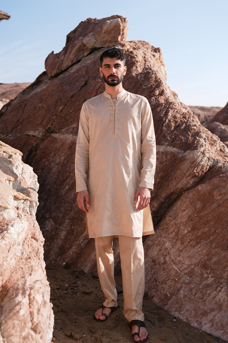 Sand Brown Embroidered Cotton-Silk Kurta Pajama (2-Piece) - Image 2