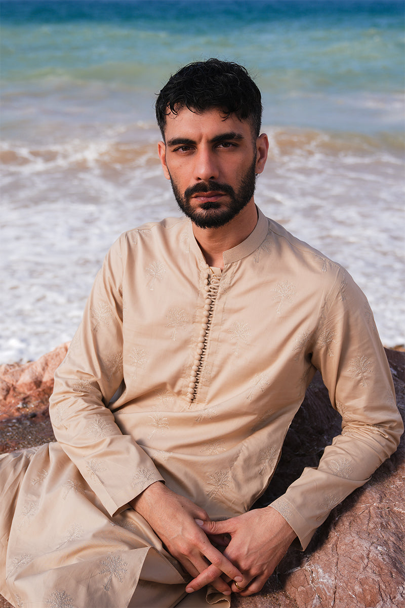 Sand Brown Embroidered Cotton-Silk Kurta Pajama (2-Piece) - Image 3