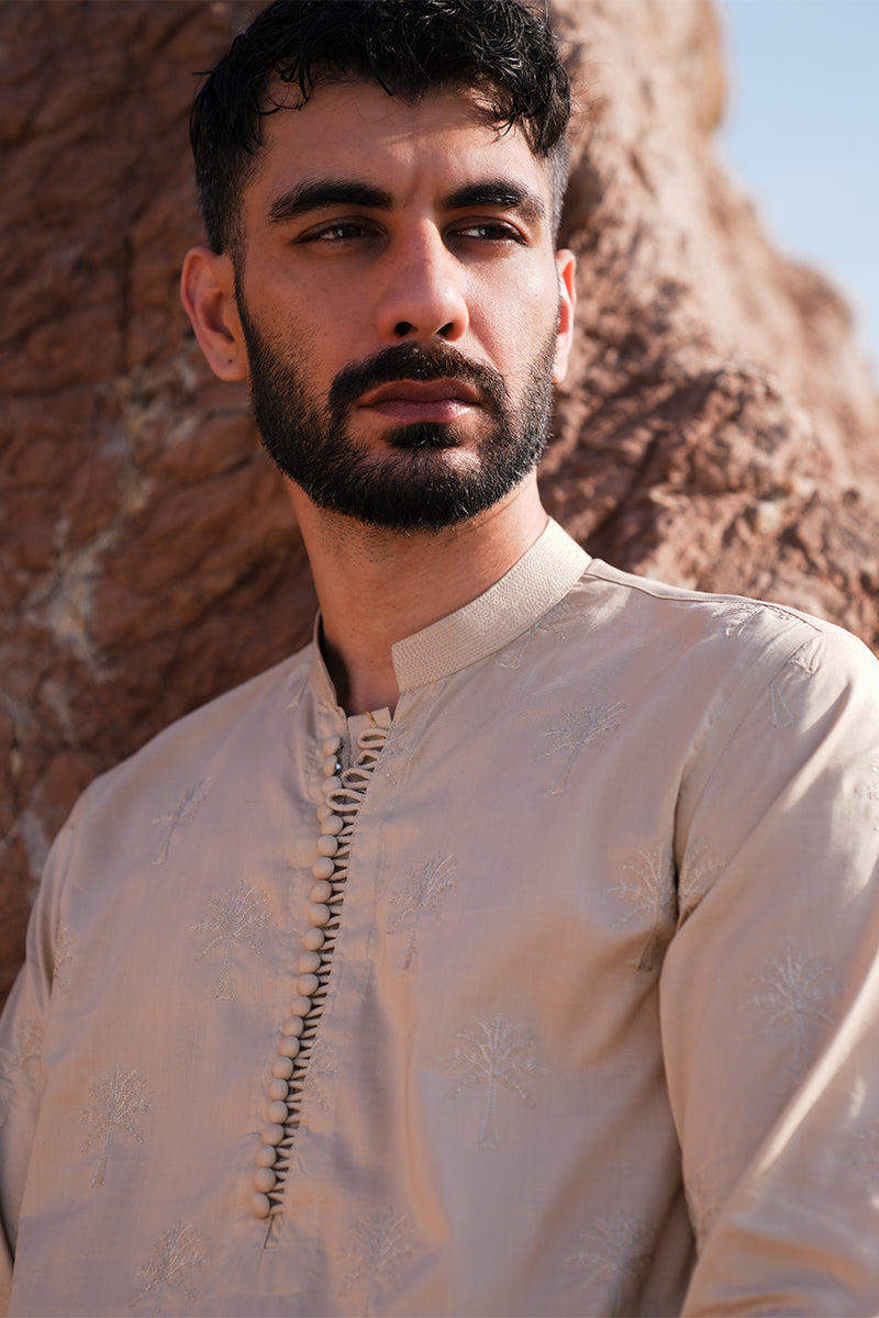 Sand Brown Embroidered Cotton-Silk Kurta Pajama (2-Piece) - Image 4