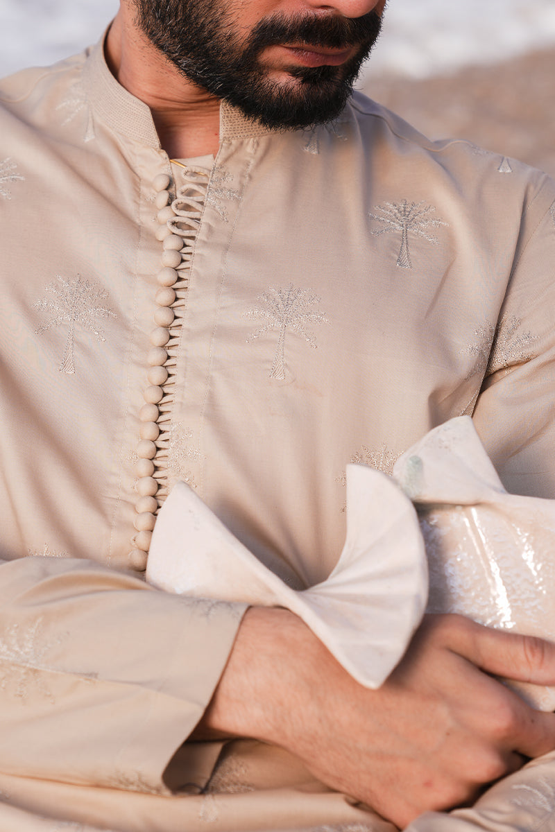 Sand Brown Embroidered Cotton-Silk Kurta Pajama (2-Piece) - Image 5