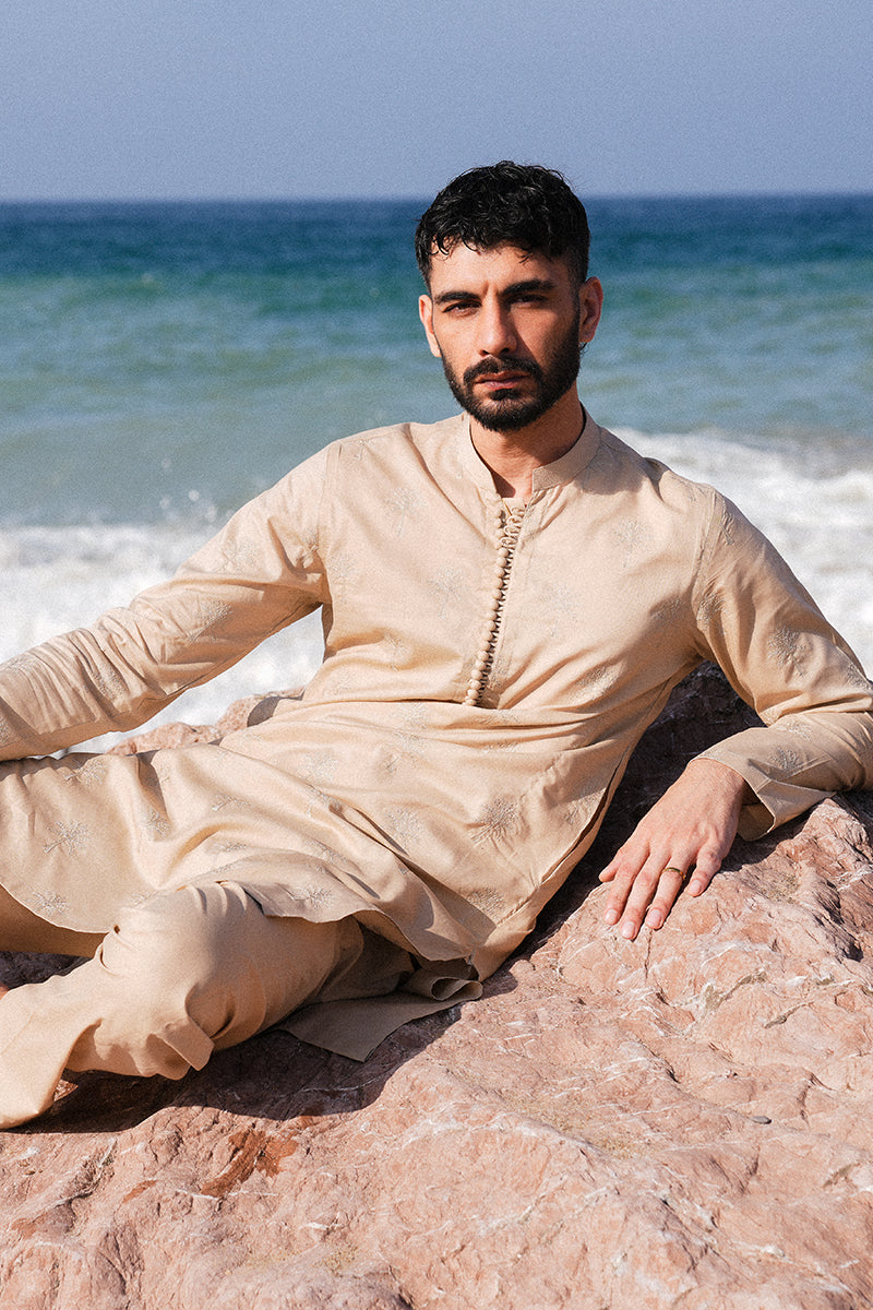 Sand Brown Embroidered Cotton-Silk Kurta Pajama (2-Piece) - Image 6