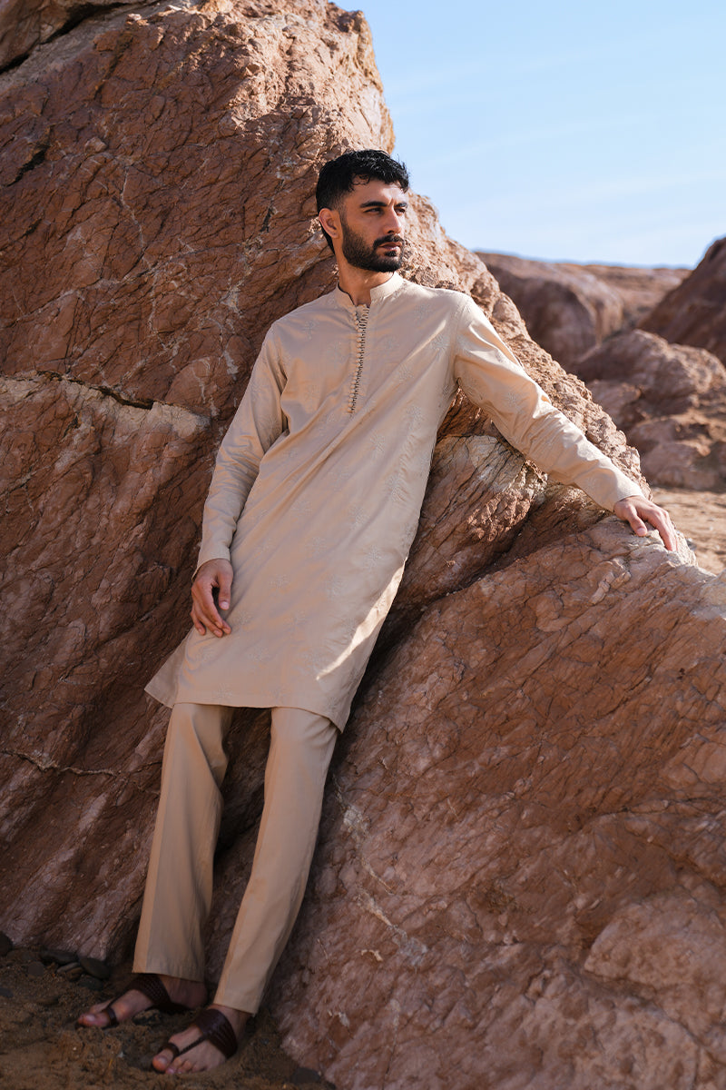 Sand Brown Embroidered Cotton-Silk Kurta Pajama (2-Piece) - Image 8