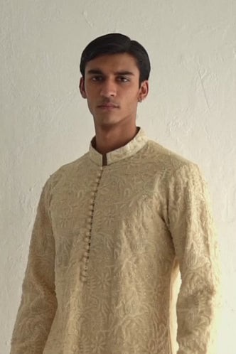 Beige Hand-Embroidered Cotton-Silk Kurta Pajama (2-Piece) - Image 1