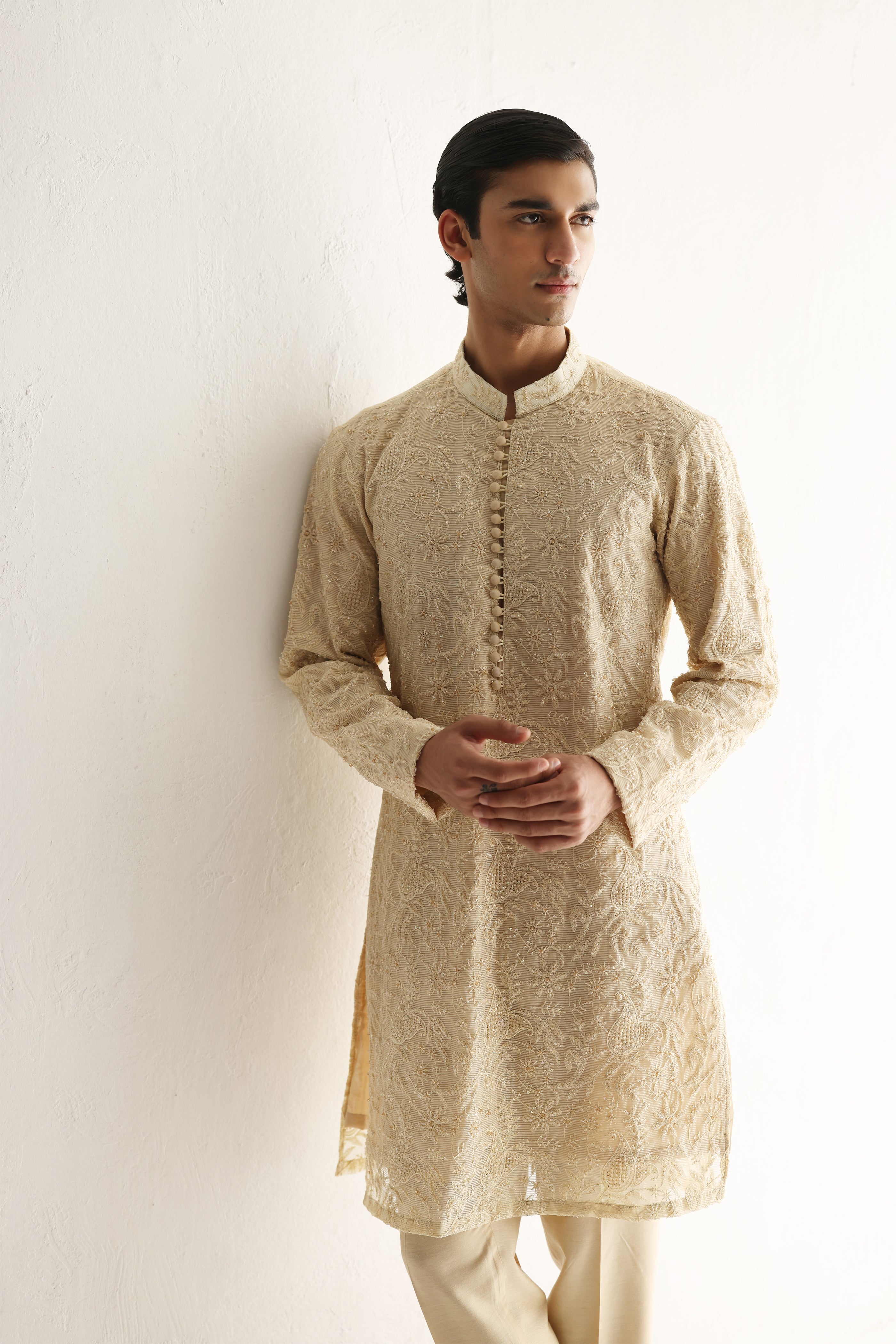 Beige Hand-Embroidered Cotton-Silk Kurta Pajama (2-Piece) - Image 6