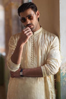 Beige Aari Embroidered Raw Silk Kurta Pajama (2-Piece) - Image 3