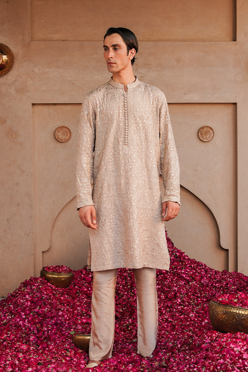 Beige Embroidered Raw Silk Kurta Pajama (2-Piece) - Image 1
