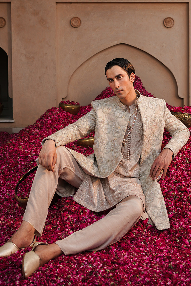 Beige Embroidered Raw Silk Kurta Pajama (2-Piece) - Image 5