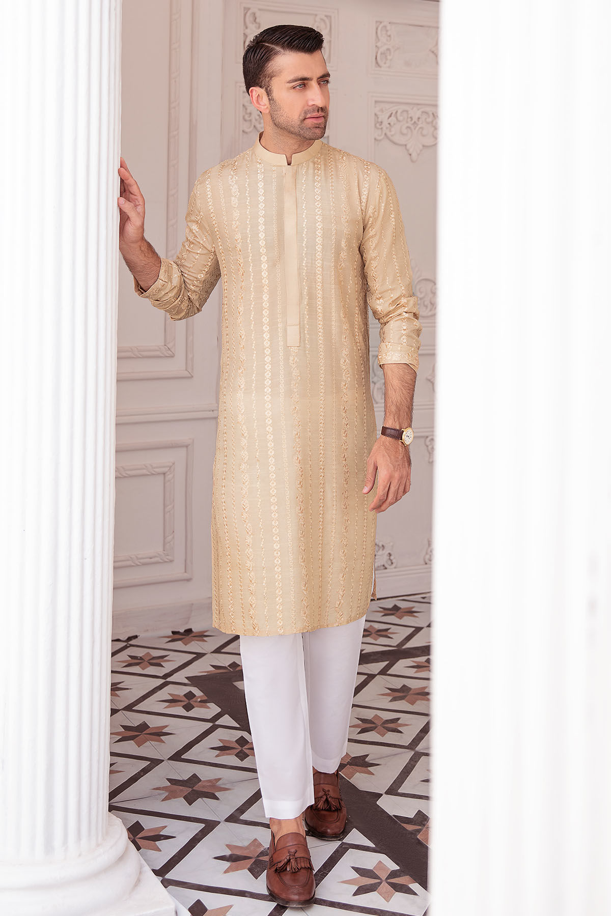 Beige Self-Embroidered Raw Silk Kurta (1-Pc) - Image 1