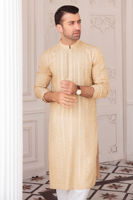 Beige Self-Embroidered Raw Silk Kurta (1-Pc) - Image 3