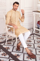Beige Self-Embroidered Raw Silk Kurta (1-Pc) - Image 4