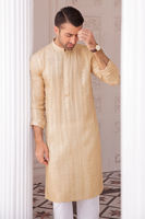 Beige Self-Embroidered Raw Silk Kurta (1-Pc) - Image 5