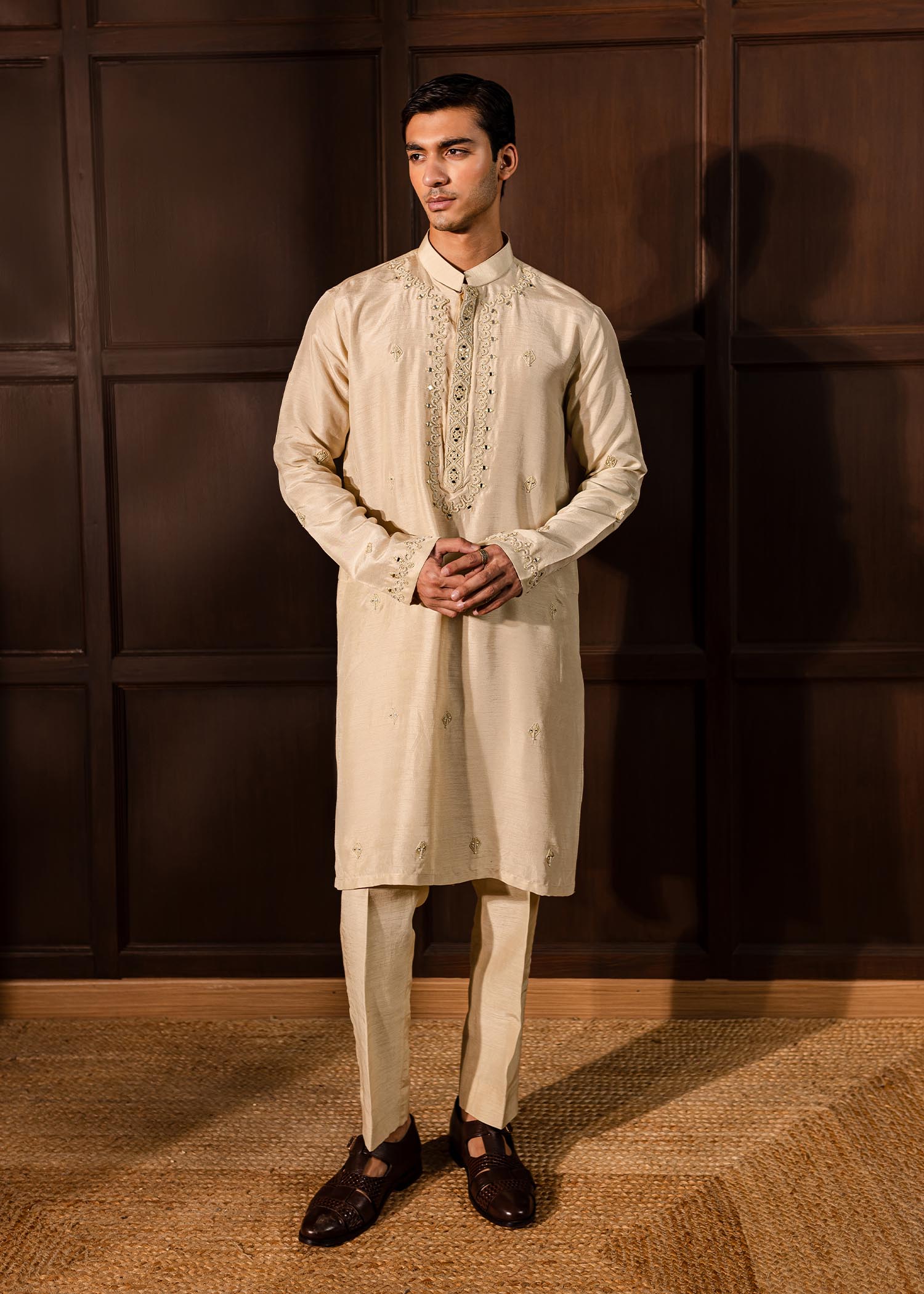 Oat Sheesha & Dori Embroidered Korean Raw Silk Kurta (2-Piece) - Image 3