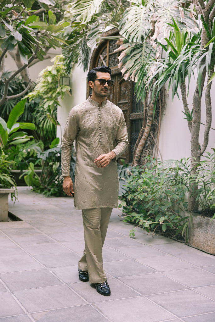 Beige Embroidered Silk-Blend Kurta (2-Piece) - Image 1