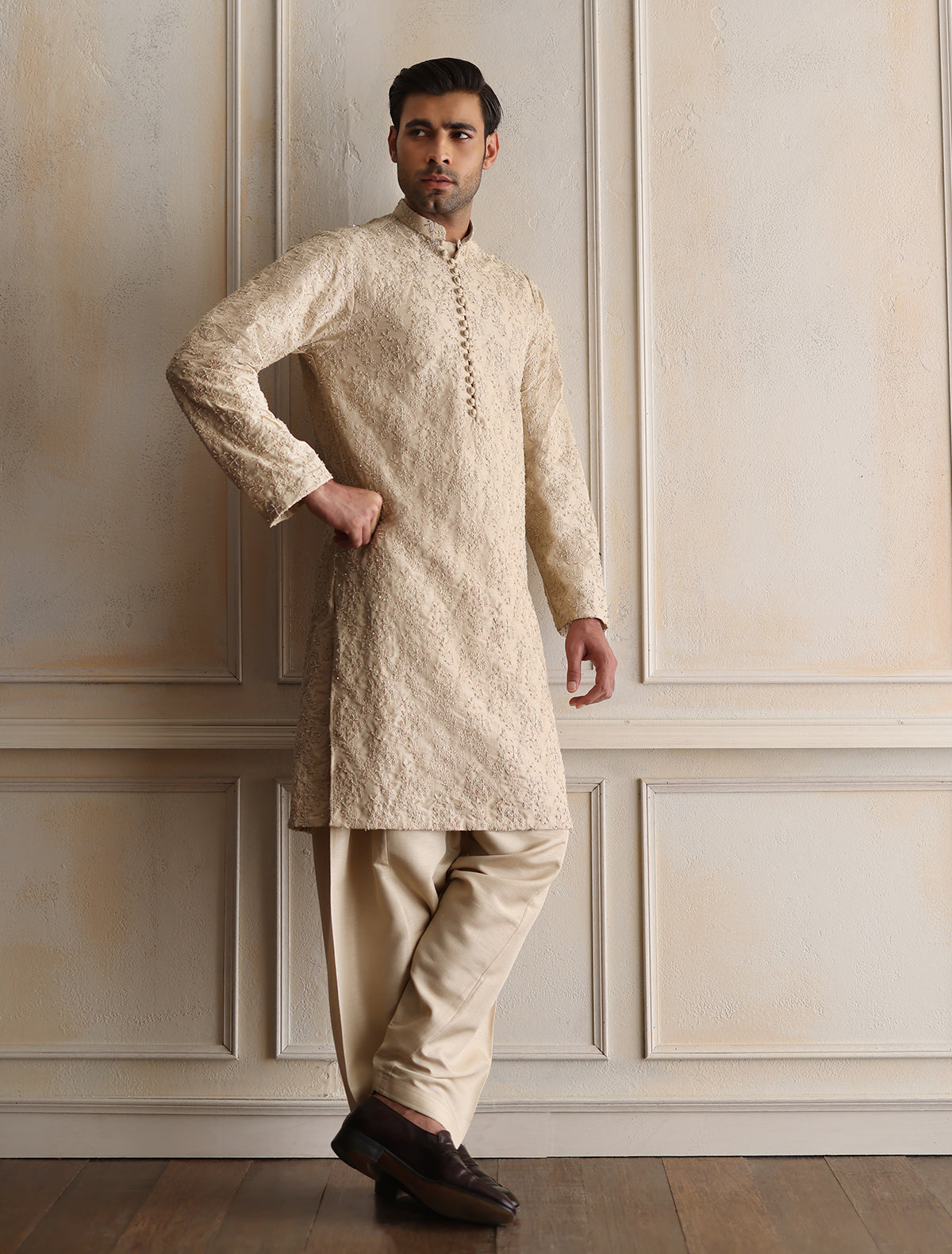 Beige Hand-Embroidered Silk-Blend Kurta (2-Piece) - Image 2