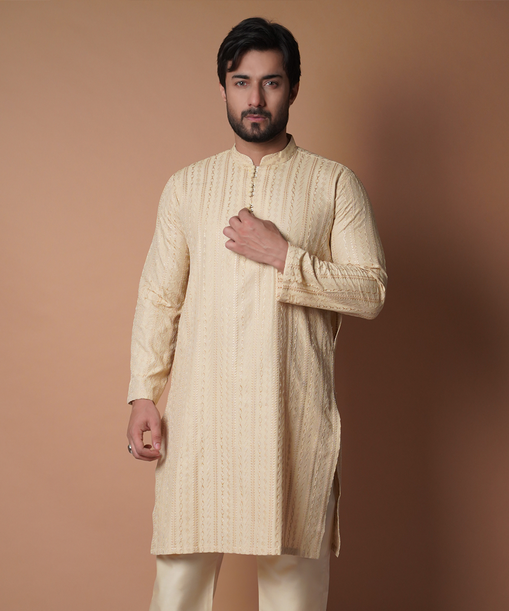 Beige Tone-on-Tone Embroidered Silk-Blend Kurta (2-Piece) - Image 1
