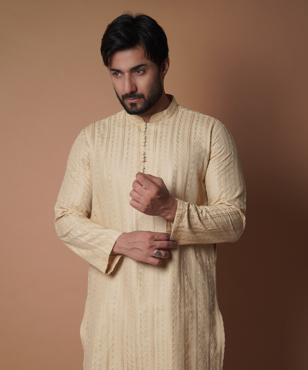 Beige Tone-on-Tone Embroidered Silk-Blend Kurta (2-Piece) - Image 2