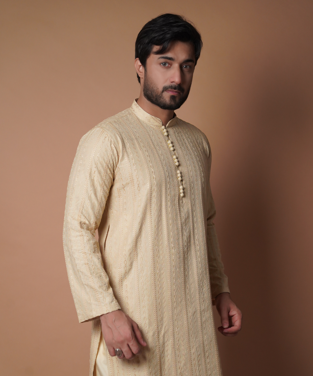 Beige Tone-on-Tone Embroidered Silk-Blend Kurta (2-Piece) - Image 3