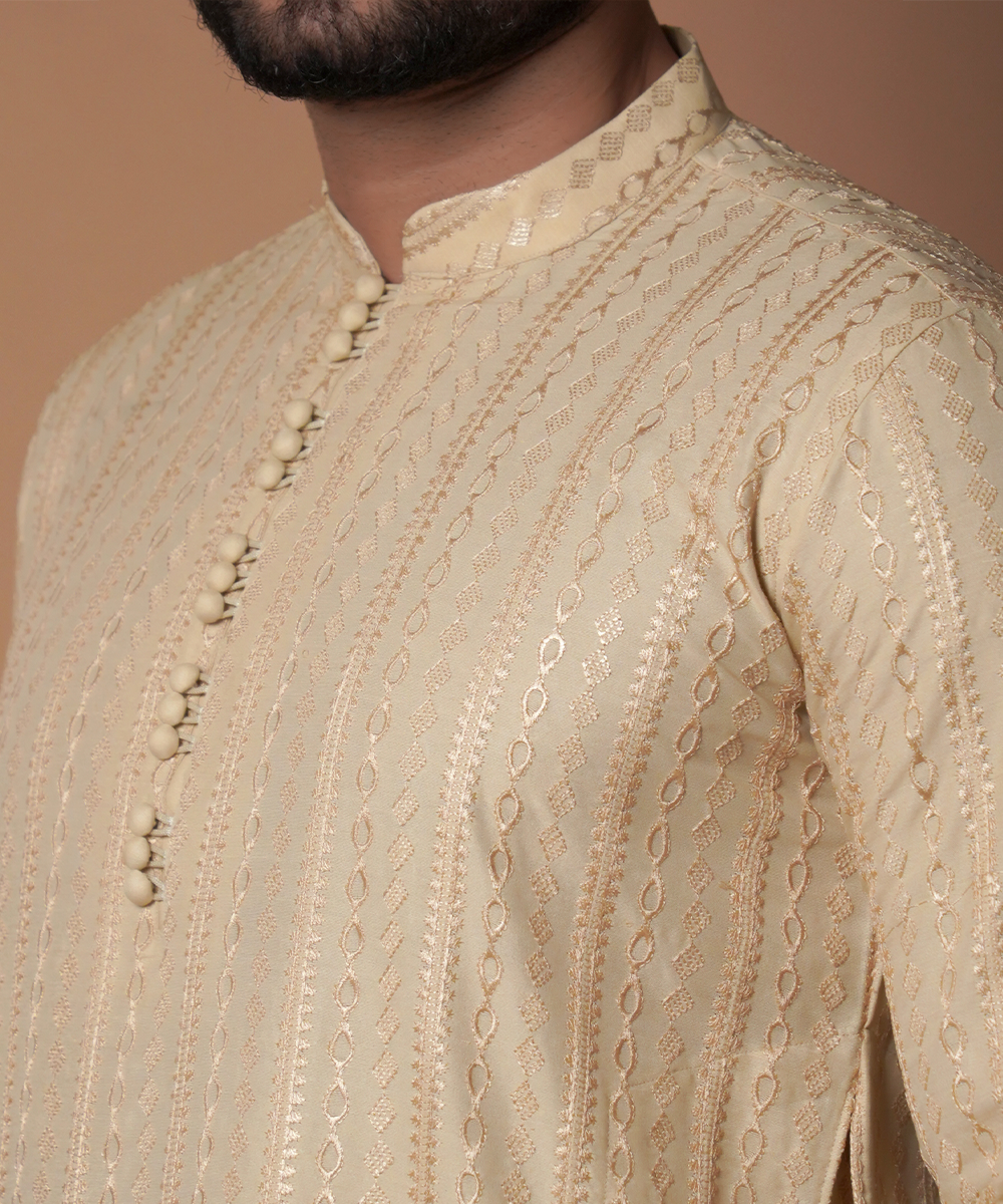 Beige Tone-on-Tone Embroidered Silk-Blend Kurta (2-Piece) - Image 4