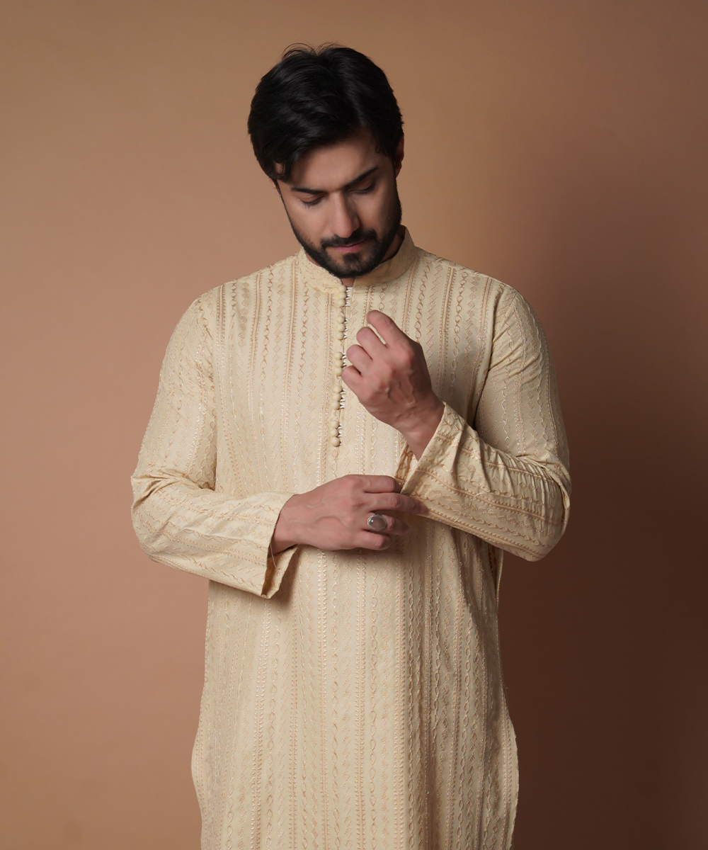Beige Tone-on-Tone Embroidered Silk-Blend Kurta (2-Piece) - Image 5