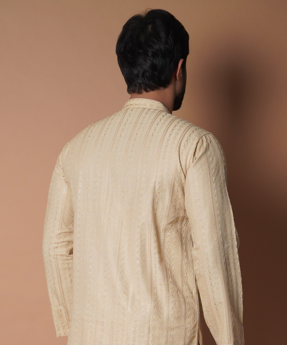 Beige Tone-on-Tone Embroidered Silk-Blend Kurta (2-Piece) - Image 6