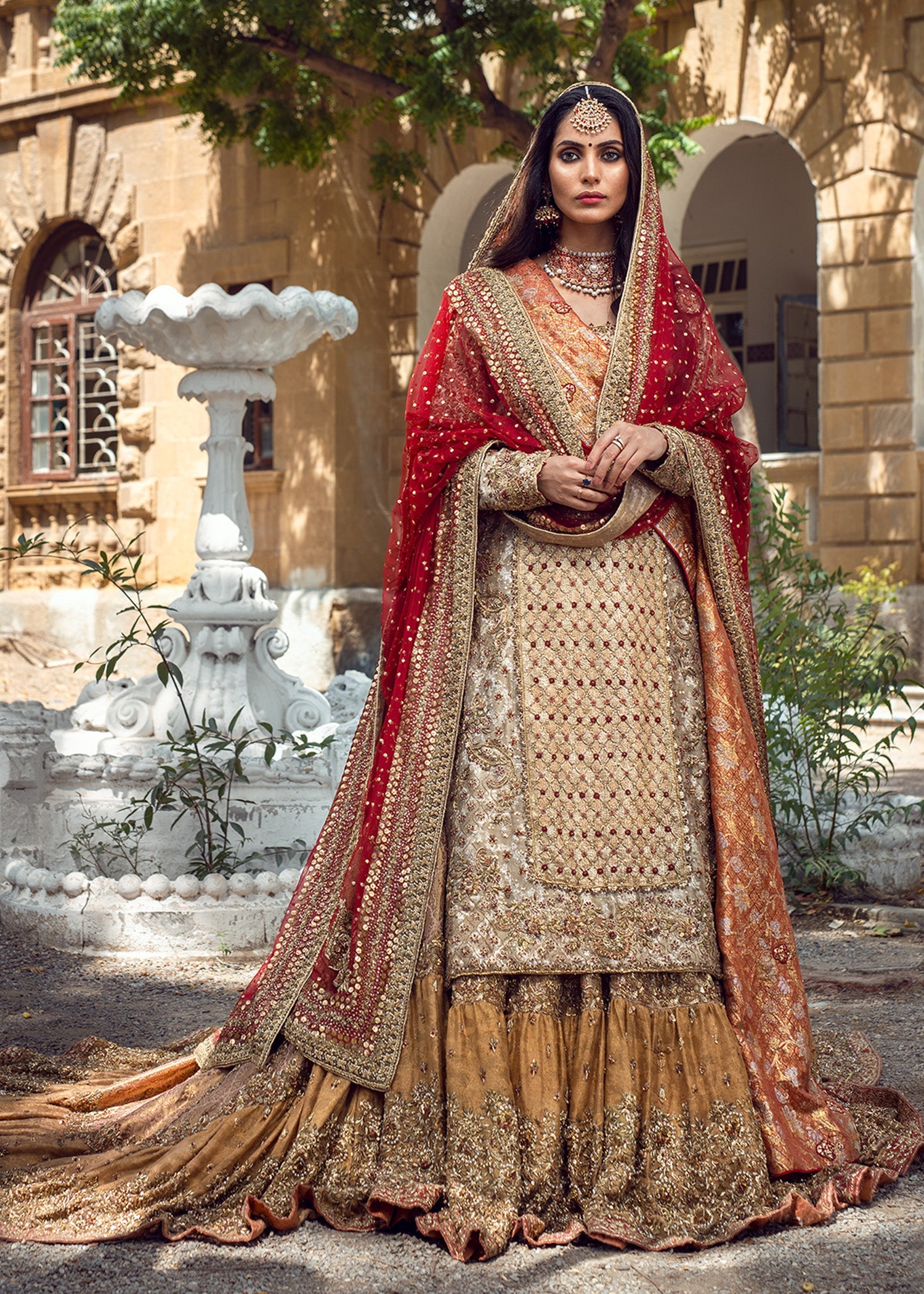 Roman Beige Zardozi Lurex Maysori Bridal Lehenga (3-Piece) - Image 1