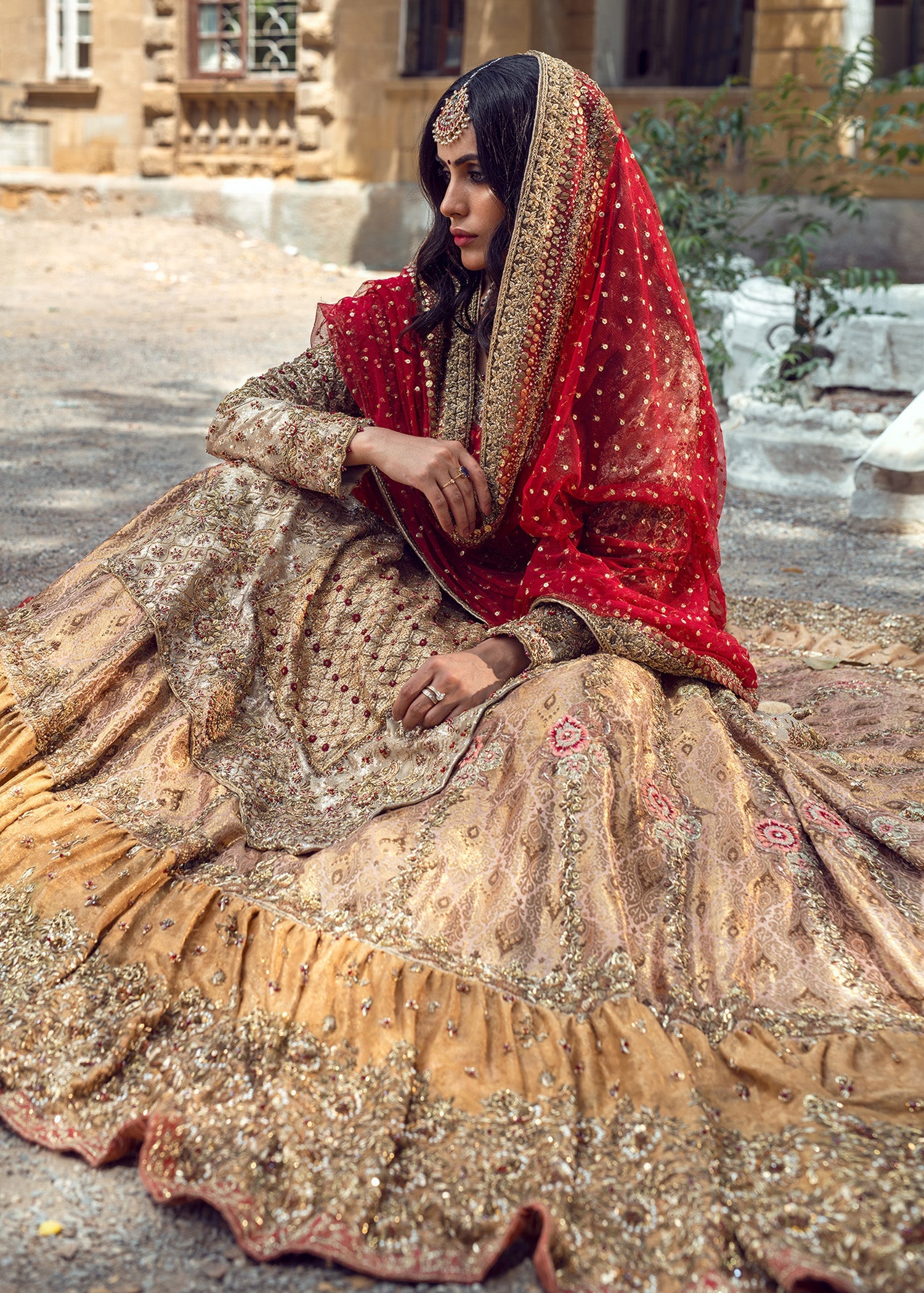 Roman Beige Zardozi Lurex Maysori Bridal Lehenga (3-Piece) - Image 6