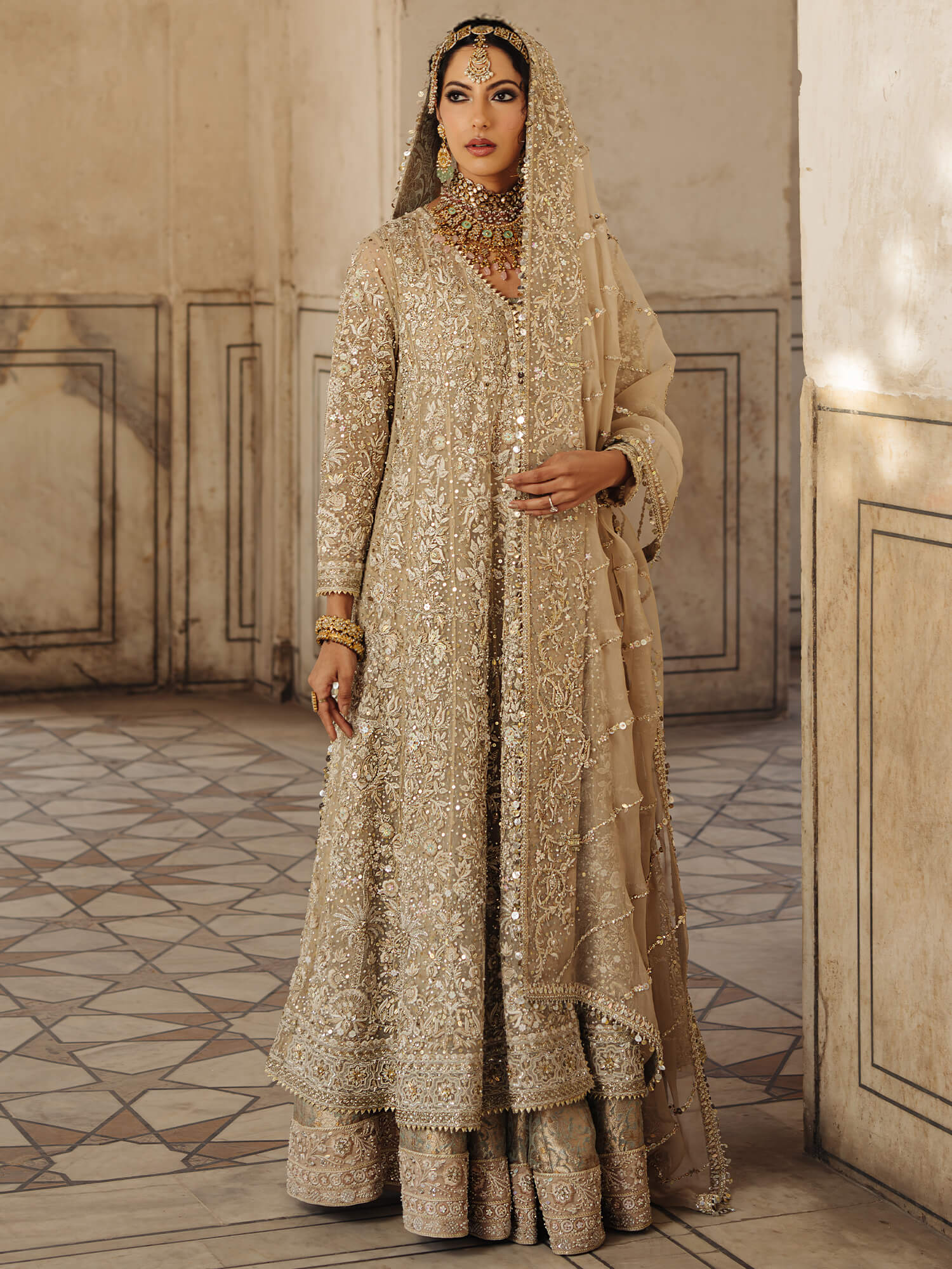 Pakistani Sand & Sage Zardozi Net Kalidar Lehenga (3-Piece) - Image 1