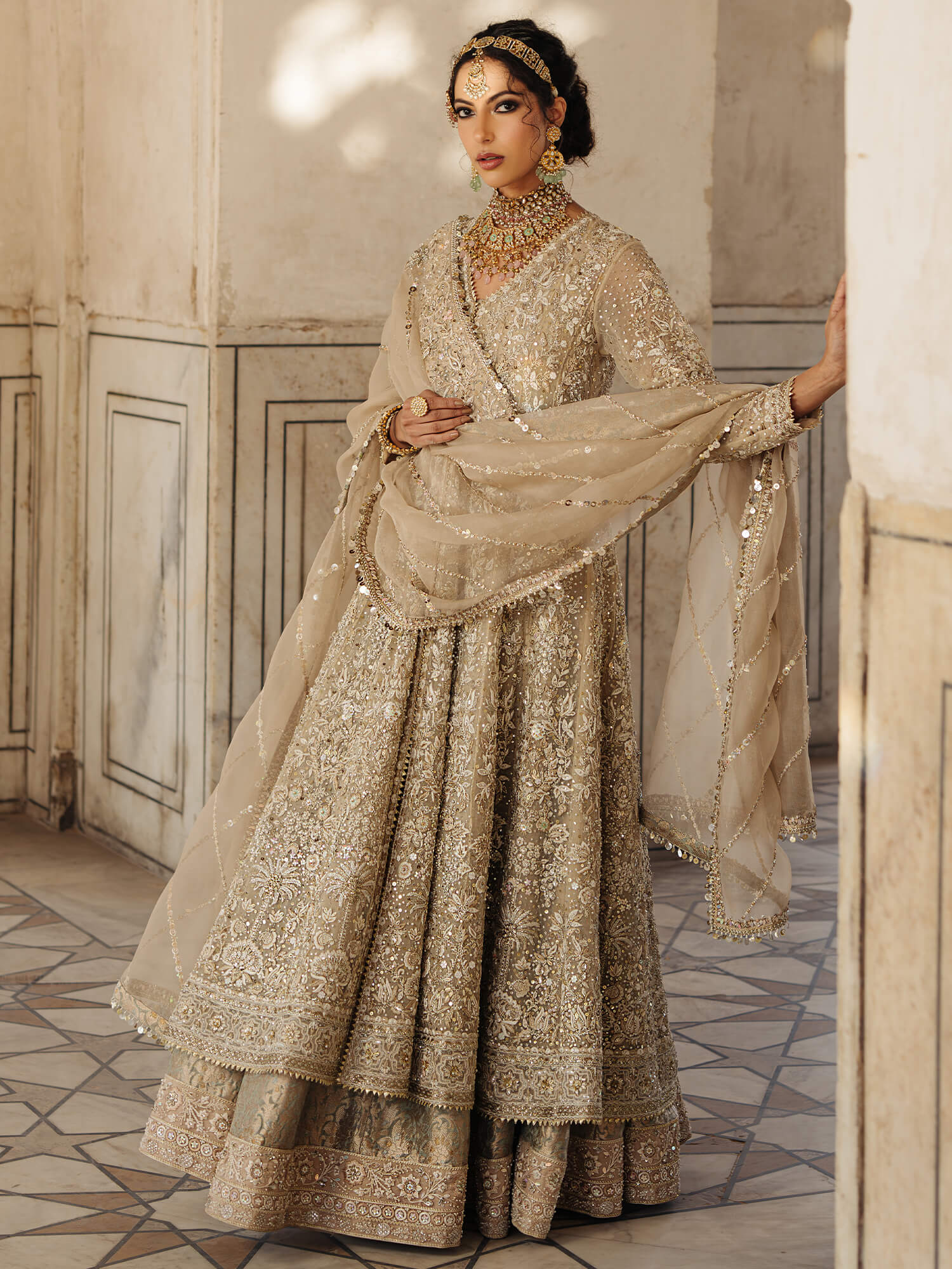 Pakistani Sand & Sage Zardozi Net Kalidar Lehenga (3-Piece) - Image 3
