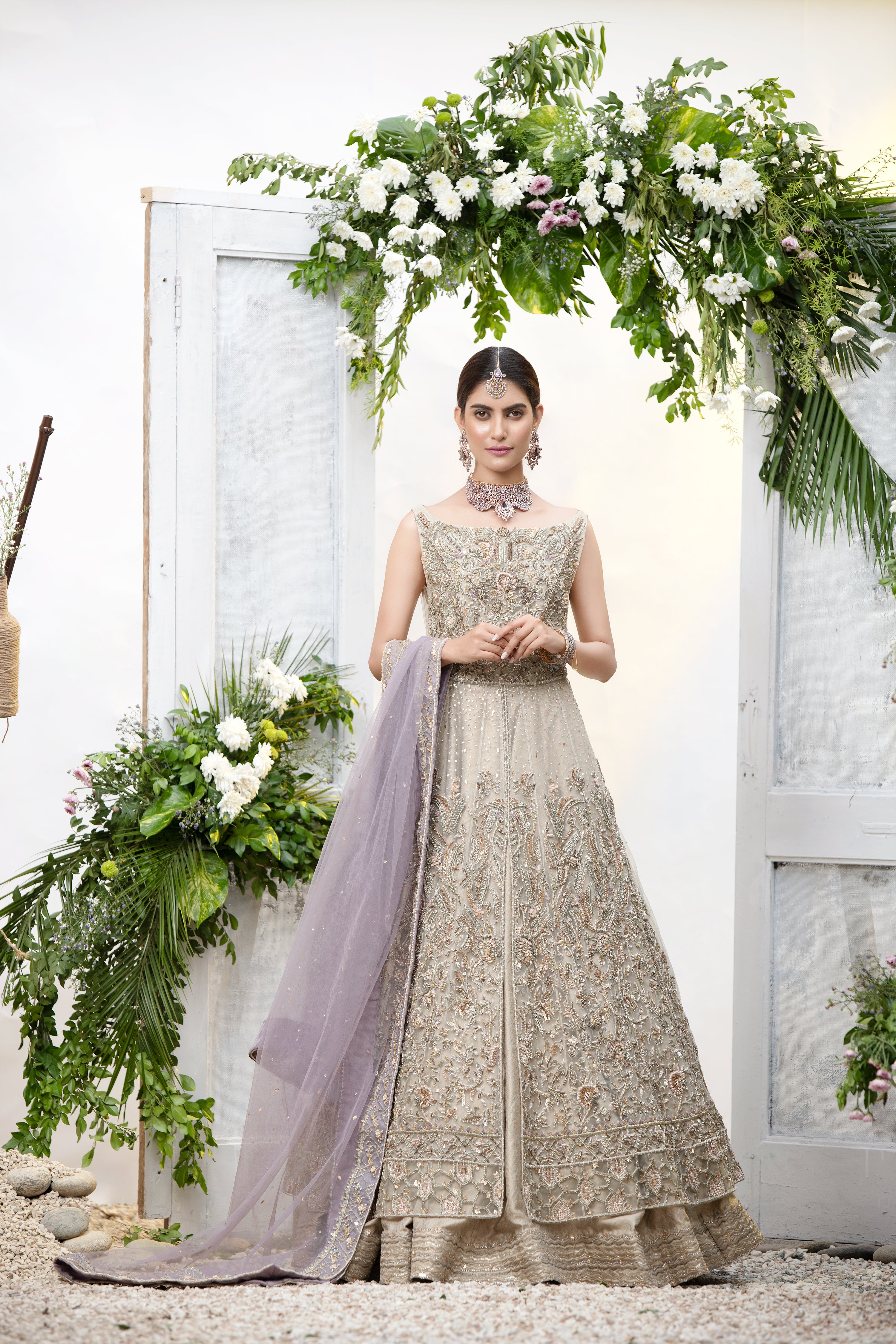 Pakistani Sand Beige Embellished Jamawar Lehenga (3-Piece) - Image 1