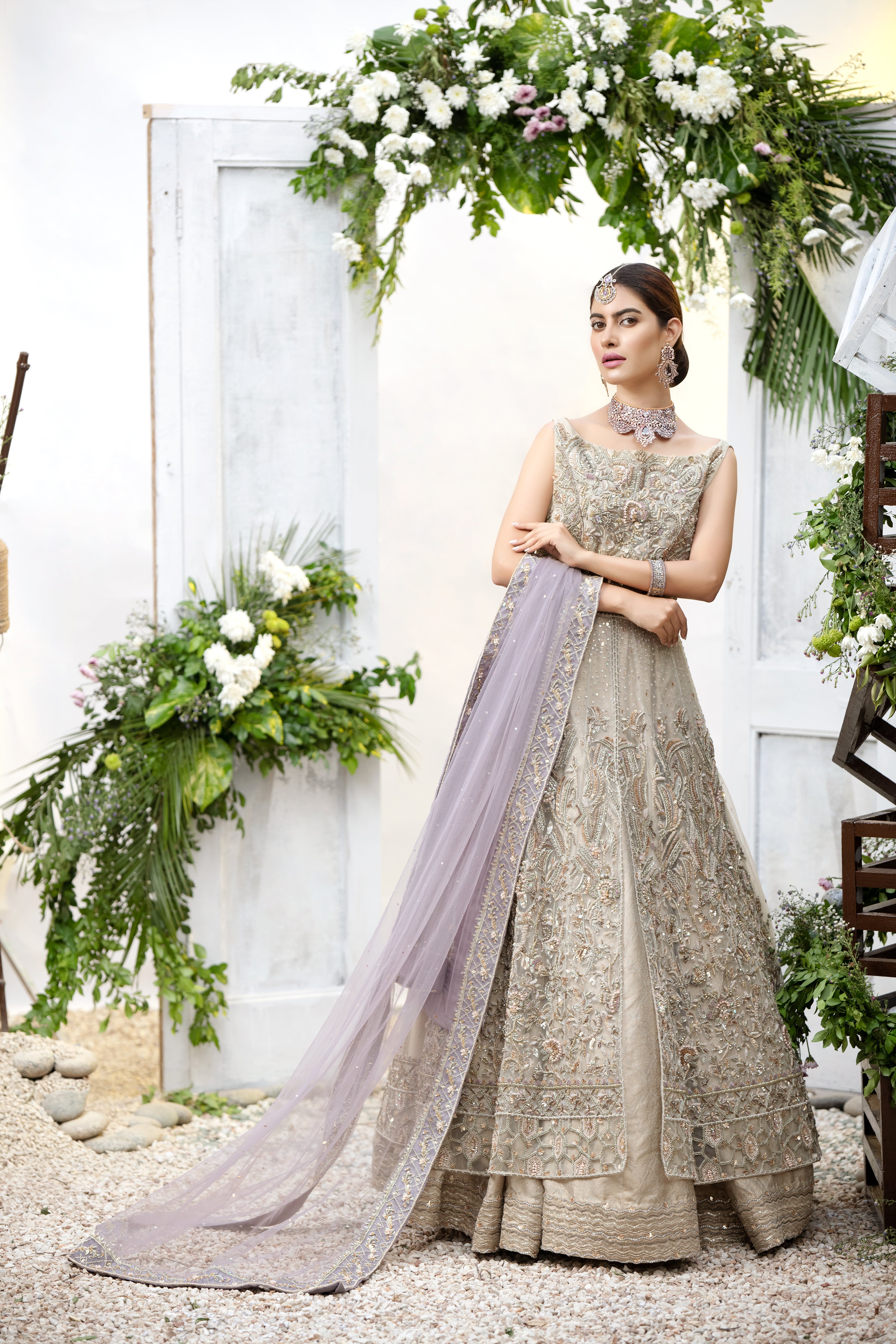 Pakistani Sand Beige Embellished Jamawar Lehenga (3-Piece) - Image 3