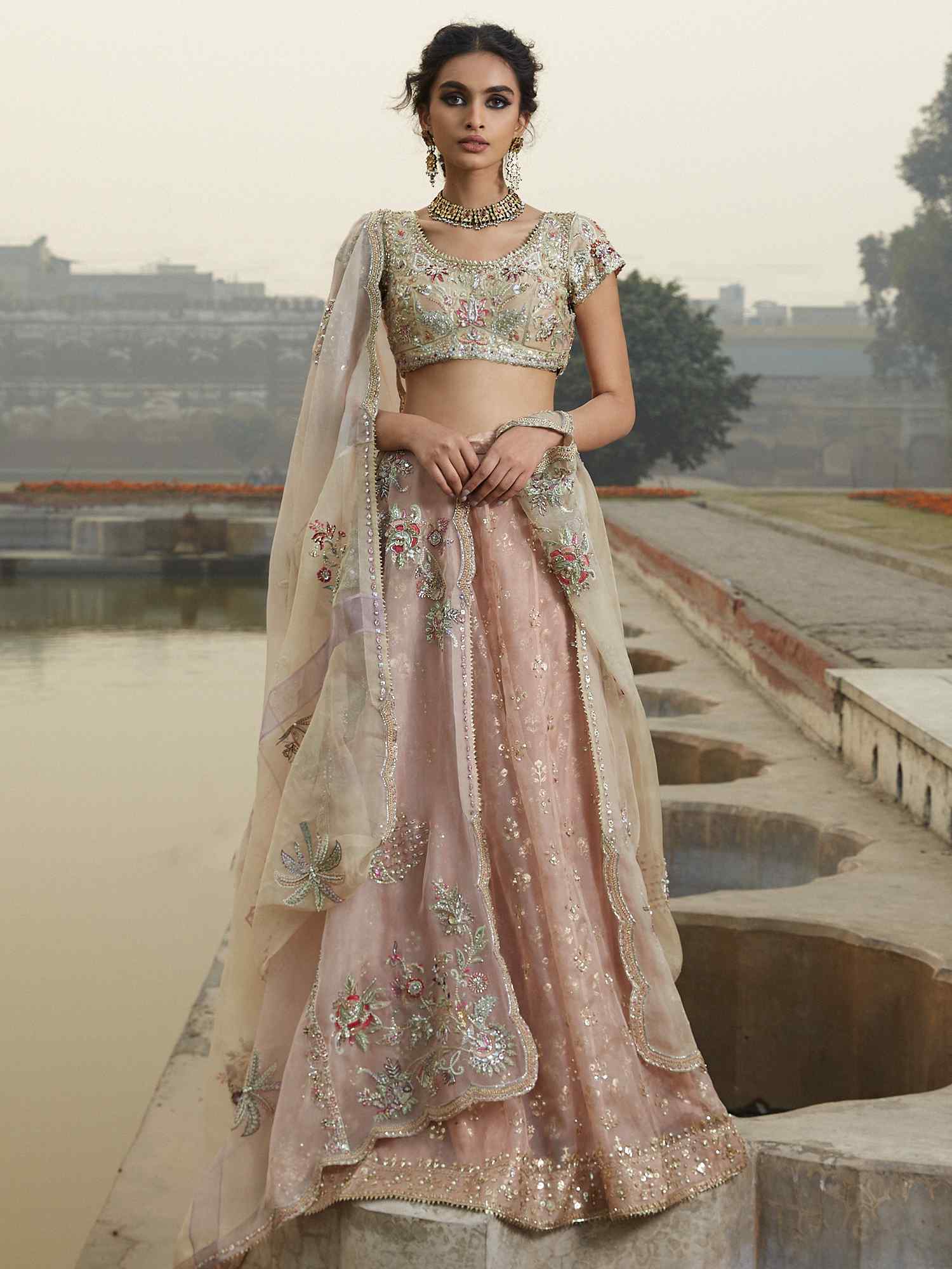 Pakistani Nude Zardozi Khadi Silk & Organza Lehenga (3-Piece) - Image 1