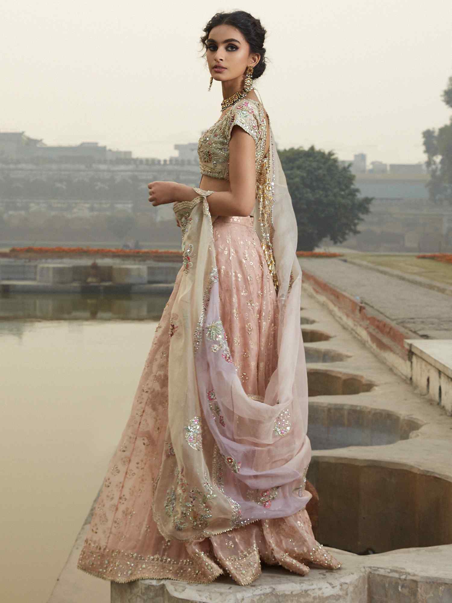 Pakistani Nude Zardozi Khadi Silk & Organza Lehenga (3-Piece) - Image 3