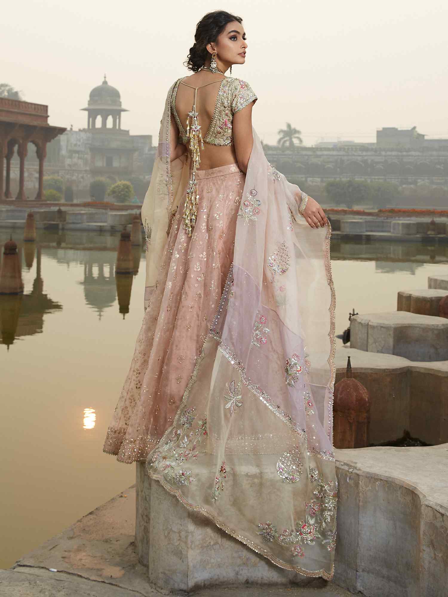 Pakistani Nude Zardozi Khadi Silk & Organza Lehenga (3-Piece) - Image 4