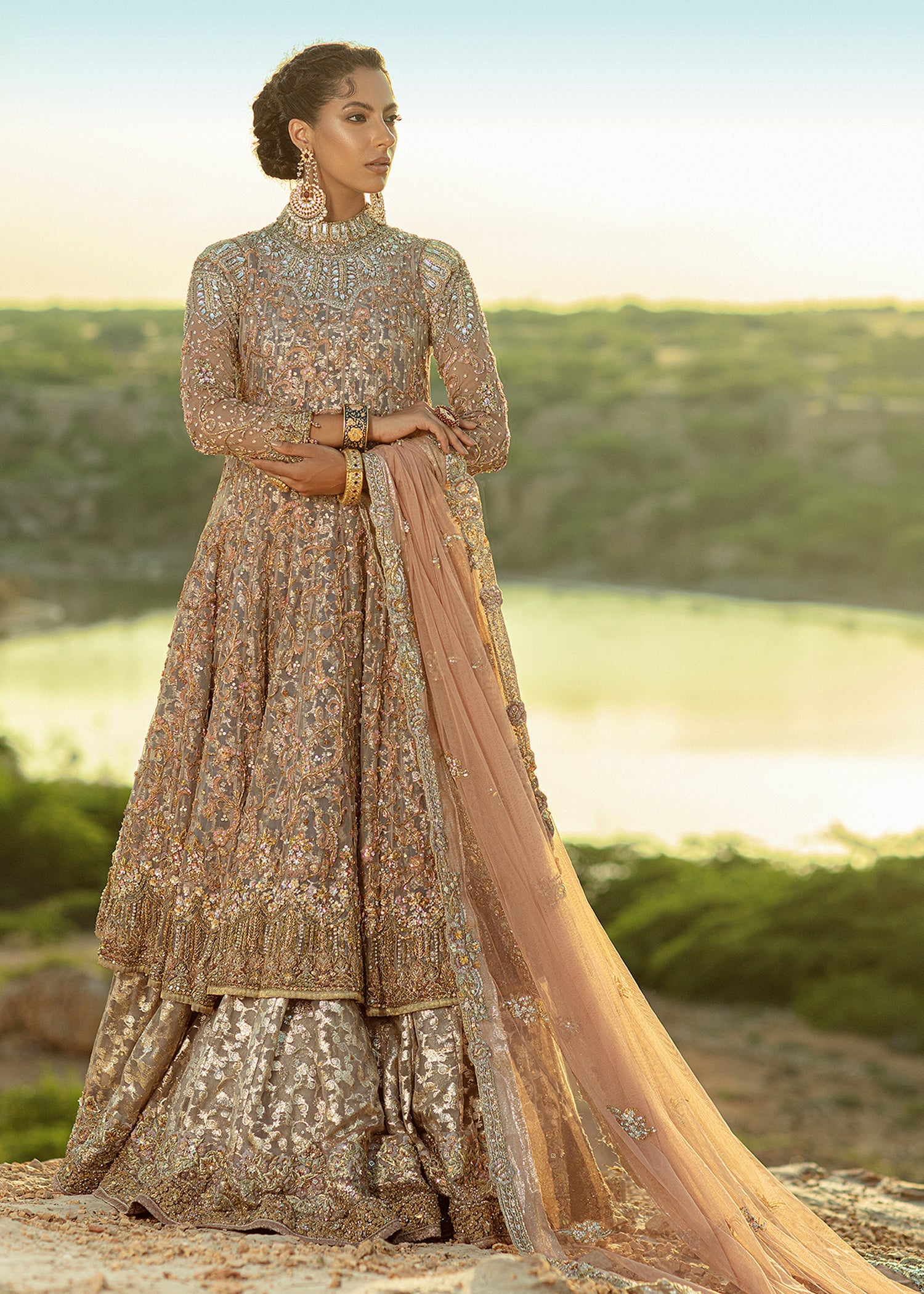 Pakistani Coffee Beige Embellished French Net Hi-Low Gown (3-Piece) - Image 1