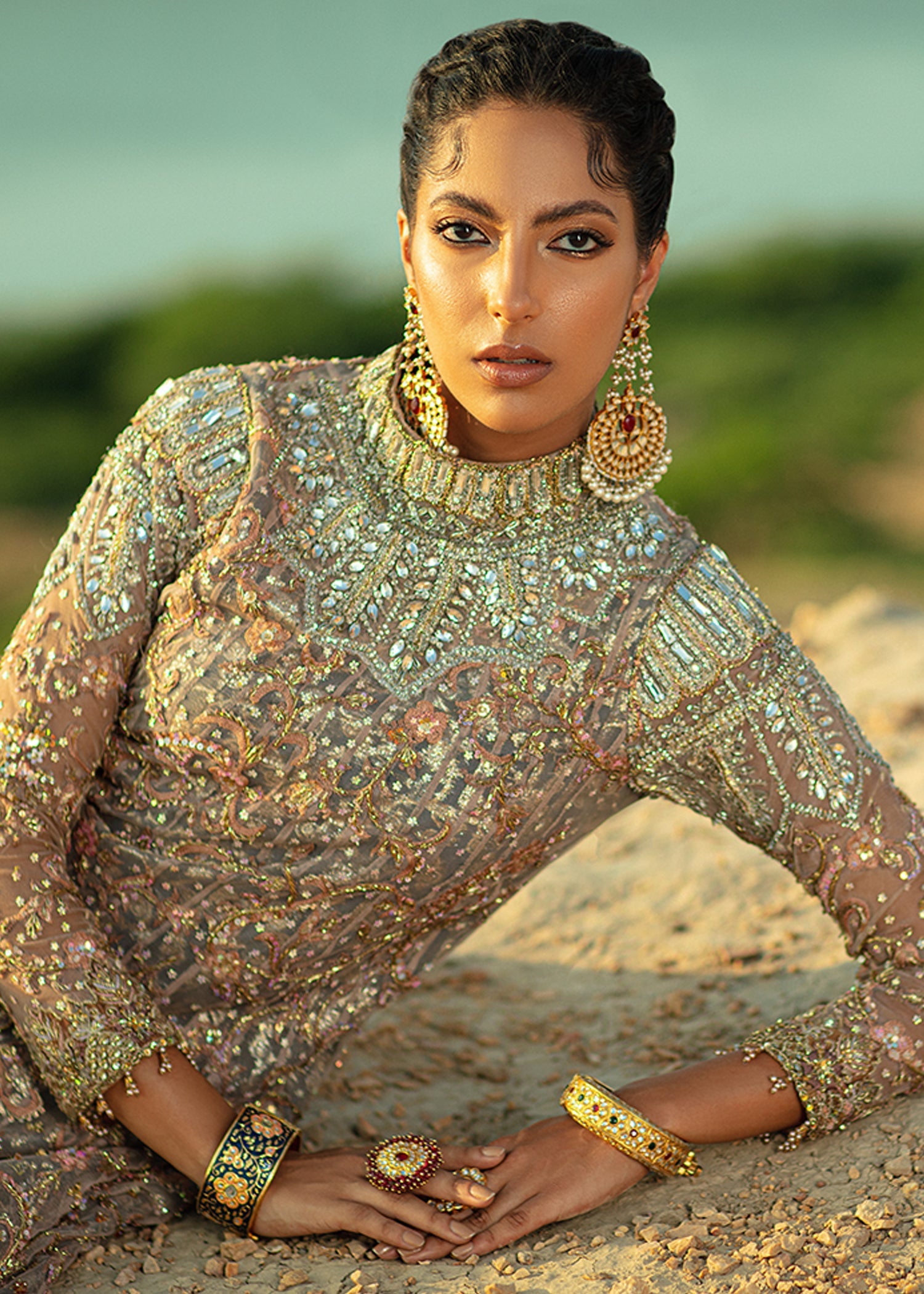 Pakistani Coffee Beige Embellished French Net Hi-Low Gown (3-Piece) - Image 10