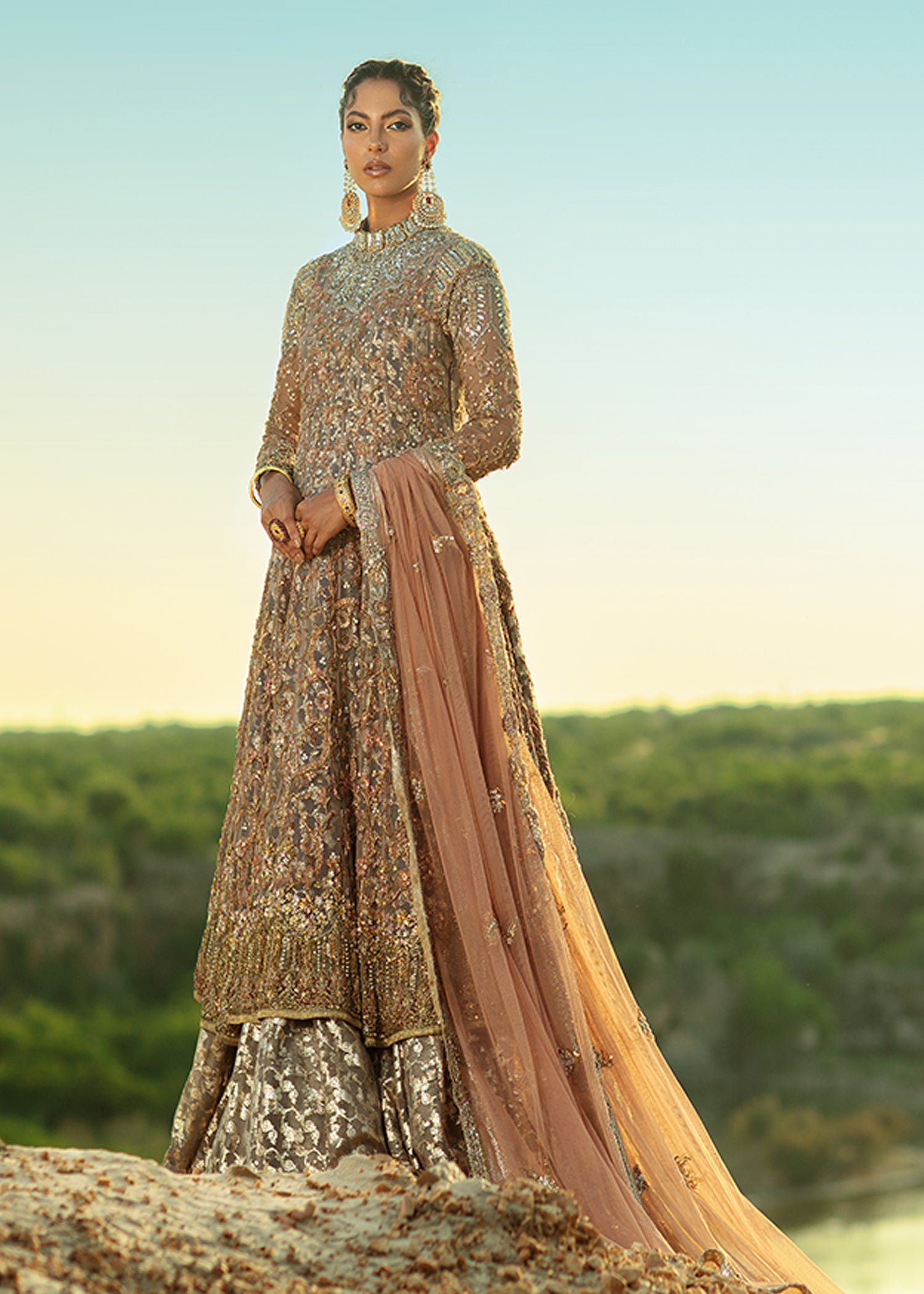 Pakistani Coffee Beige Embellished French Net Hi-Low Gown (3-Piece) - Image 2