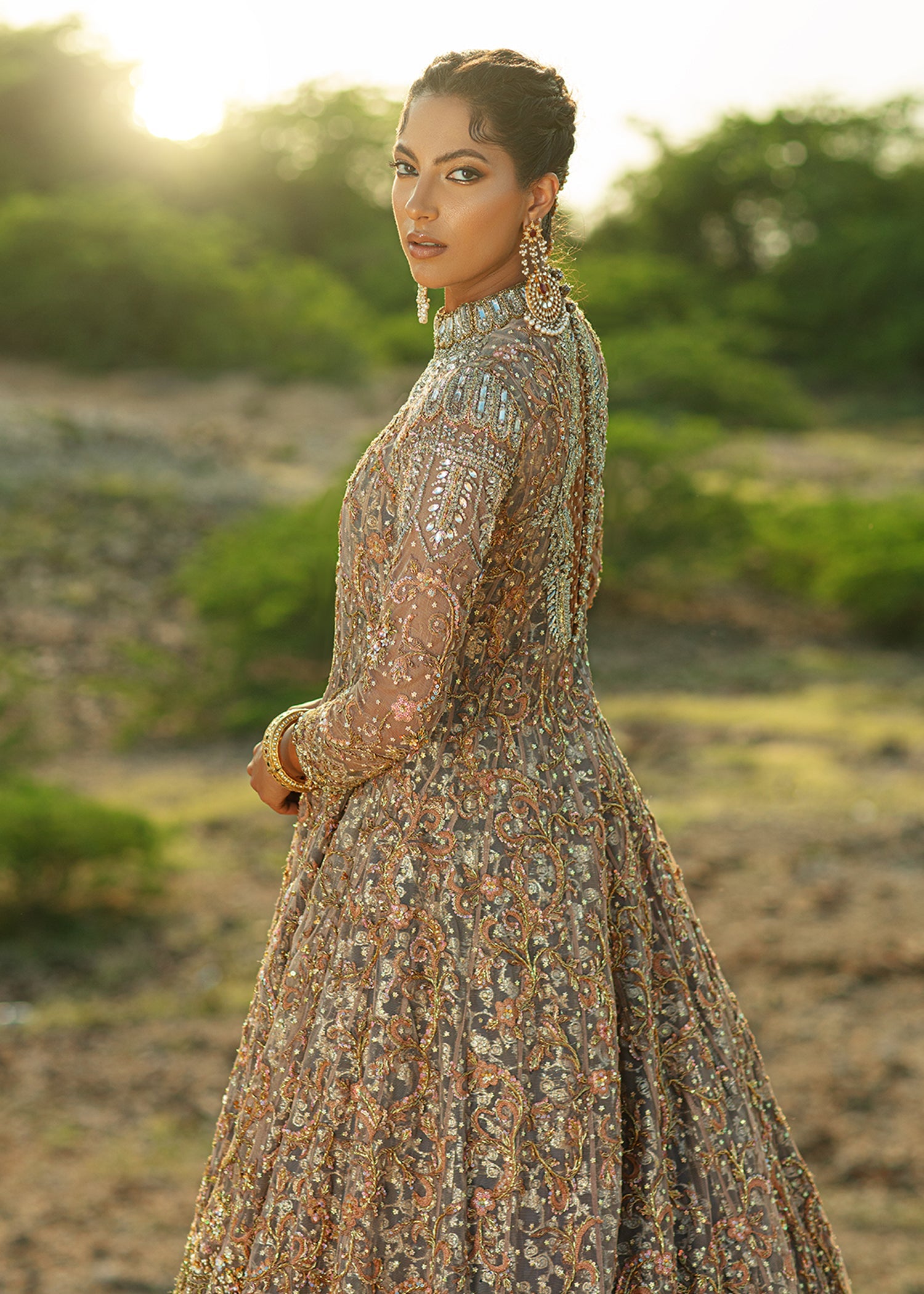 Pakistani Coffee Beige Embellished French Net Hi-Low Gown (3-Piece) - Image 4